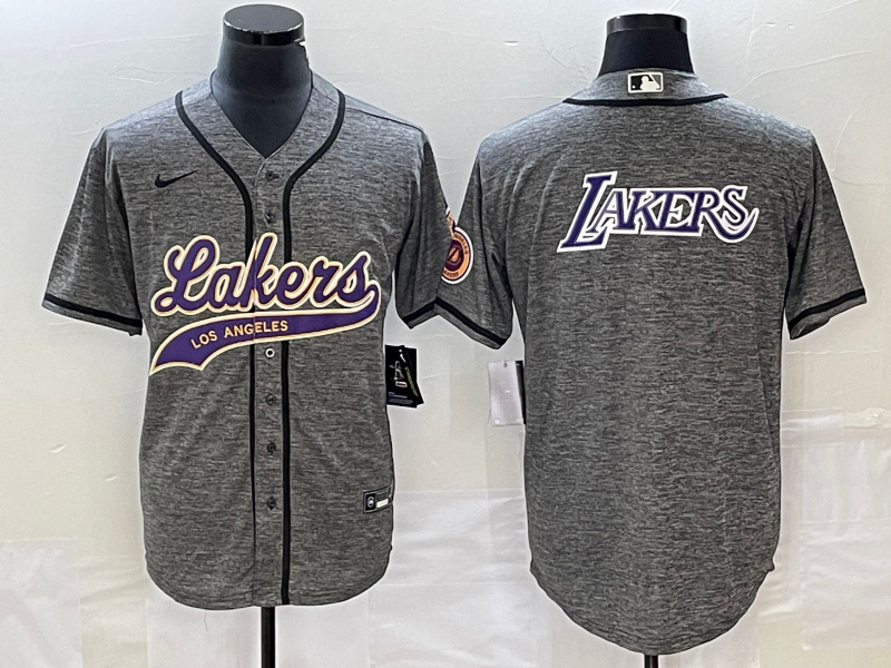 Men's Los Angeles Lakers Gray Team Big Logo Cool Base With Patch Stitched Baseball Jersey
